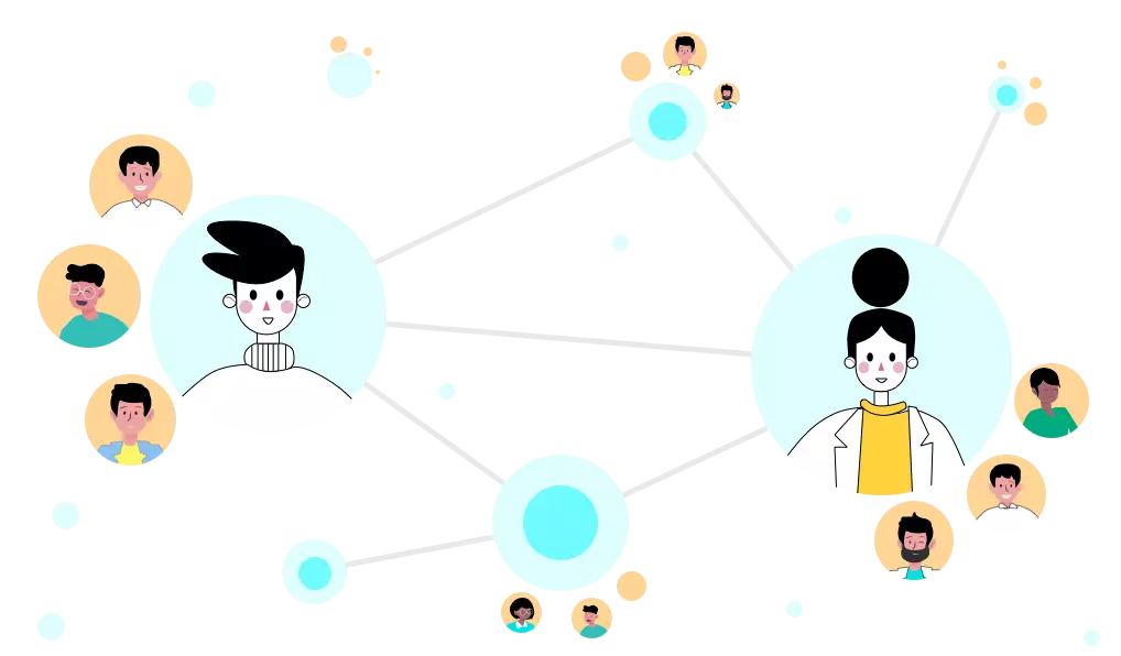 Dessin représentant la connexion d'amis et de praticiens sous forme de toile symbolisant le réseau