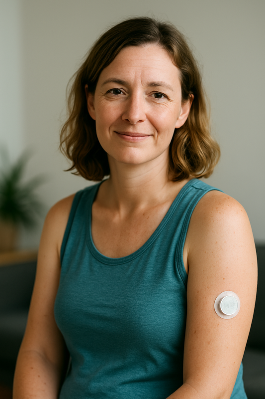 Portrait femme avec capteur de glucose